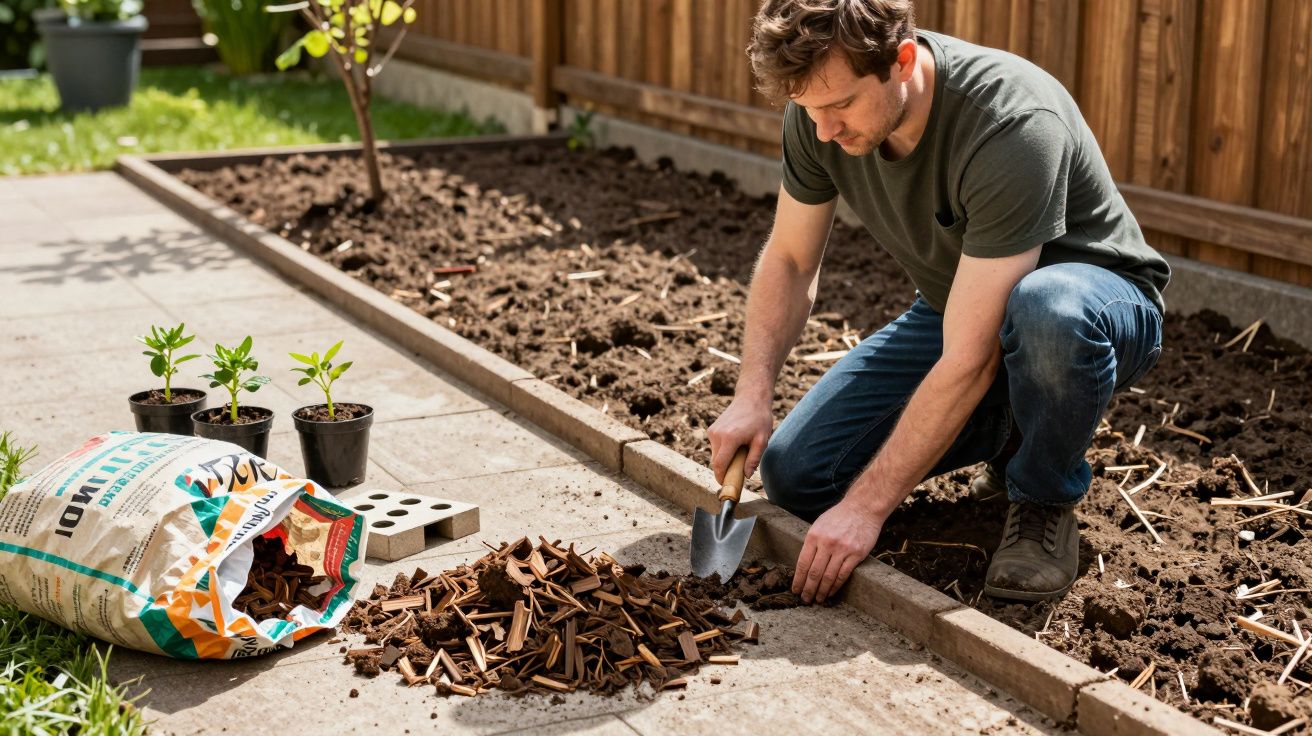 Man kneeling in garden prepares soil with trowel, mulch, and plants nearby, next to a wooden fence.