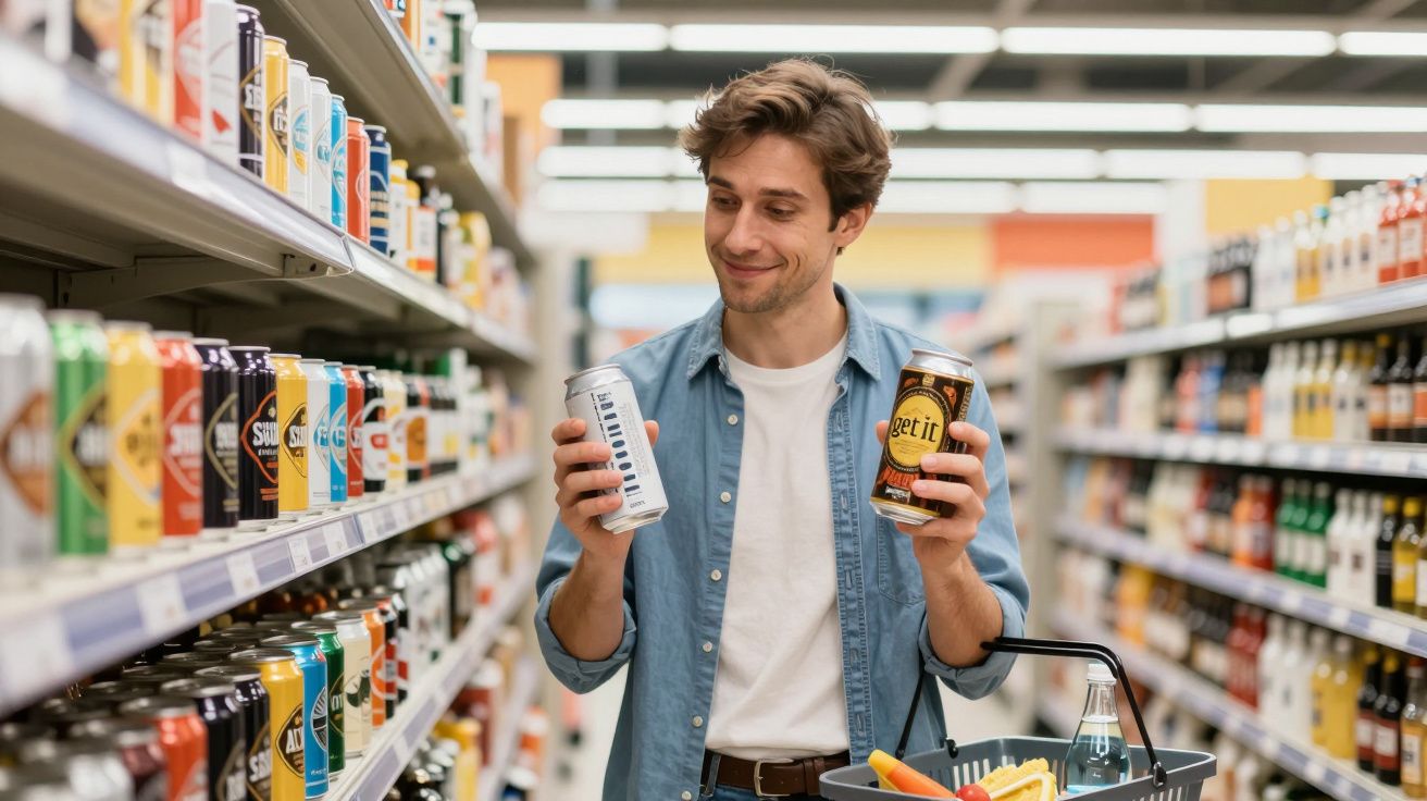 Man in a supermarket aisle holding two drink cans, smiling, while deciding between them.