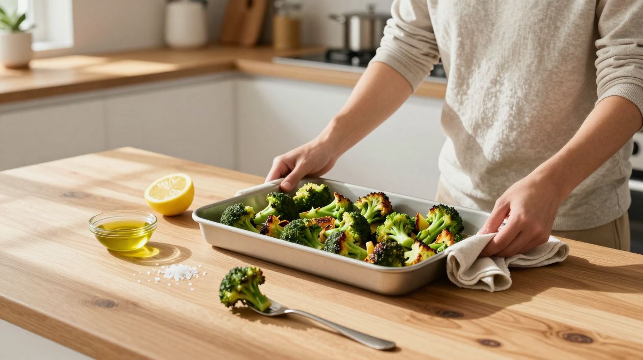 Person placing a baking tray of broccoli on a wooden counter with lemon, salt, and olive oil nearby in a bright kitchen.