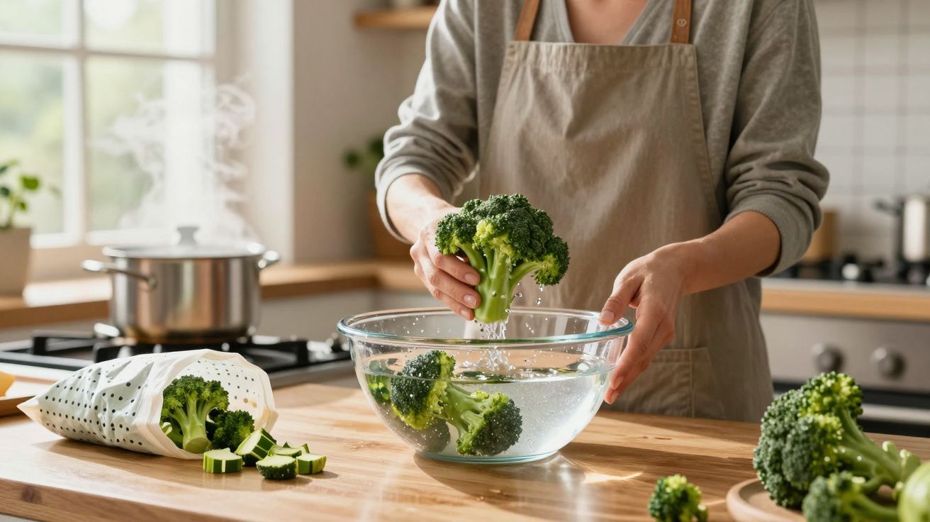Person washing broccoli in a bowl of water in a kitchen, with a pot on the stove and chopped vegetables nearby.
