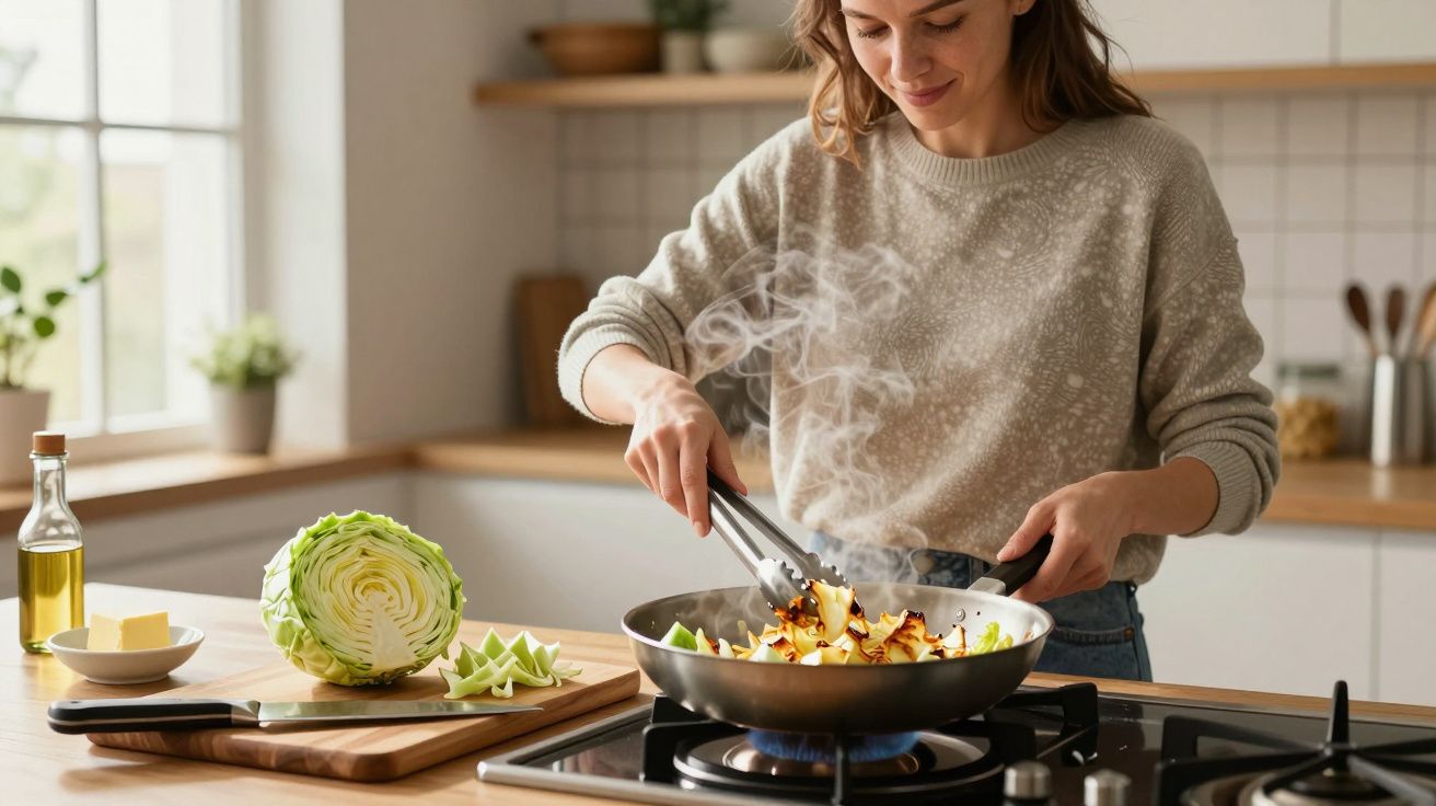 Woman cooking vegetables in a pan on a stove, with a steaming dish, bottle of oil, and sliced cabbage on the counter.