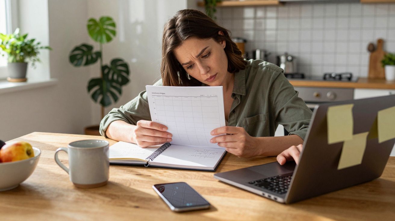 Woman at kitchen table looking at documents, with a laptop, phone, and mug nearby.