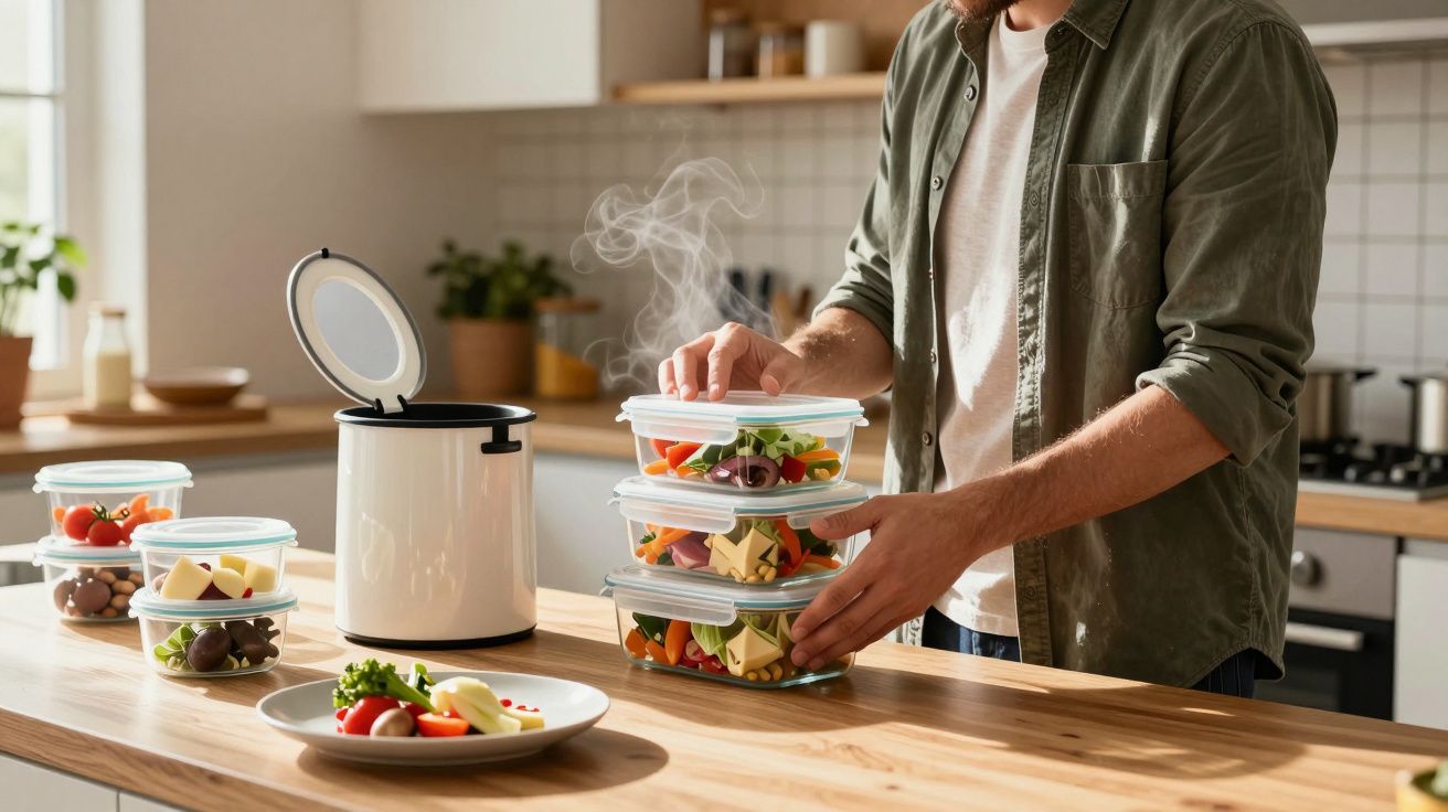 Man packing steaming food into airtight containers on a kitchen counter.