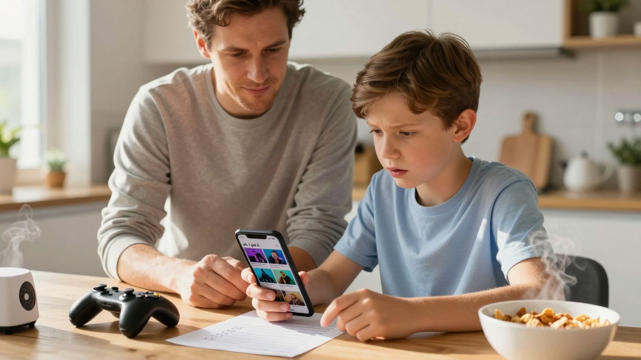 Father and son in kitchen, son holding smartphone, discussing something together over a table with gaming controller and pape