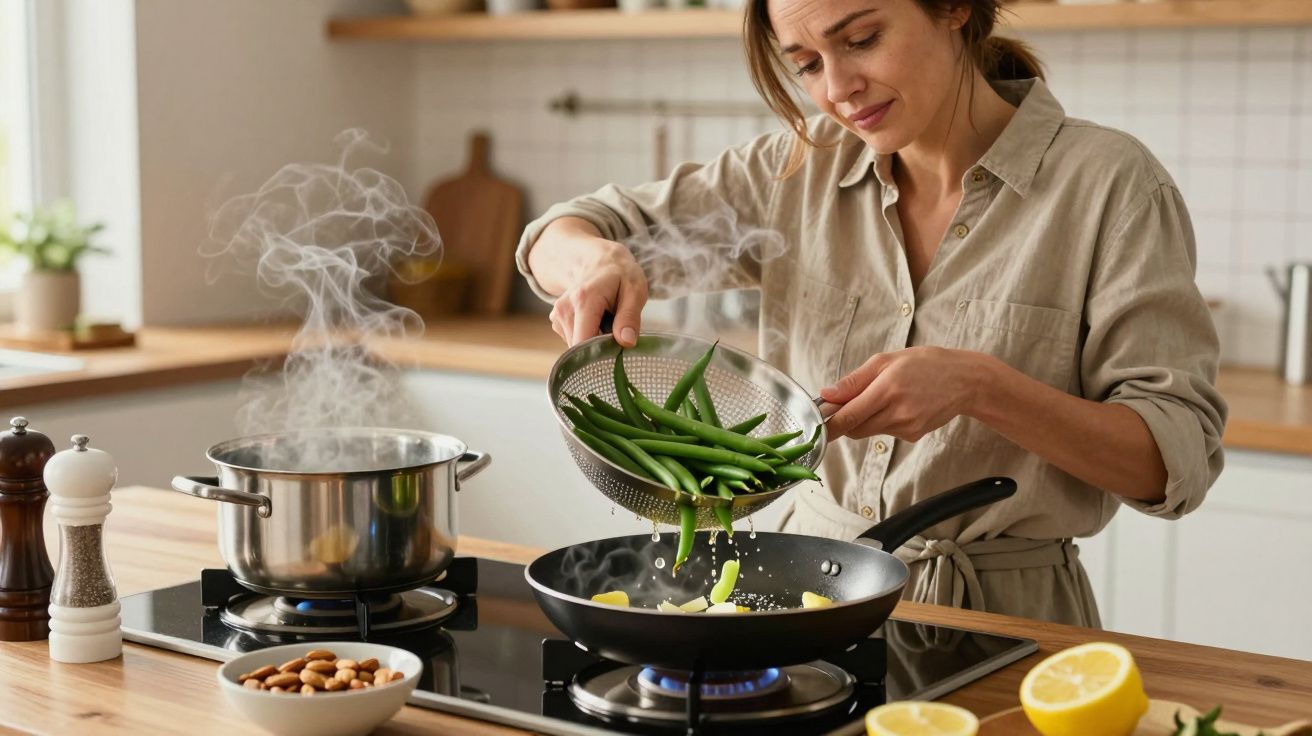 Woman cooking in kitchen, adding green beans to frying pan on stove, surrounded by lemons and cooking utensils.