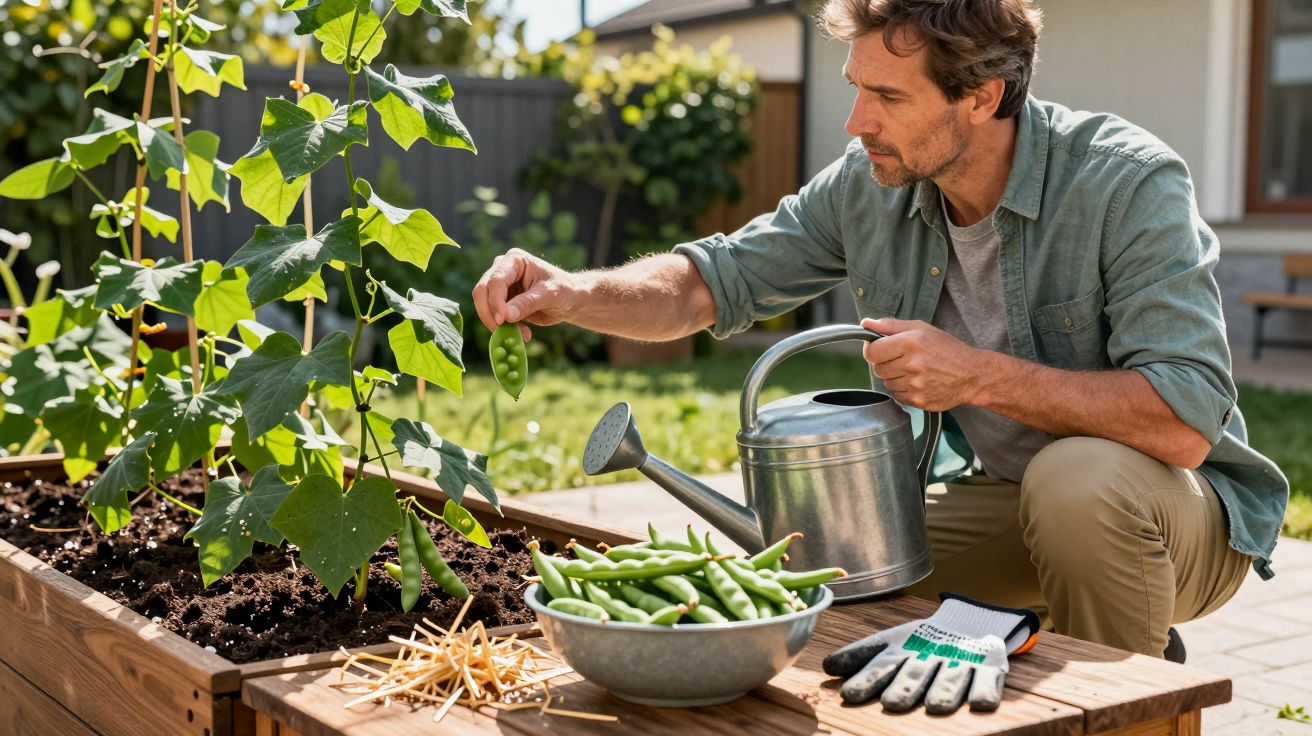 Man tending to green beans in a wooden garden bed, holding watering can beside a bowl of harvested beans.