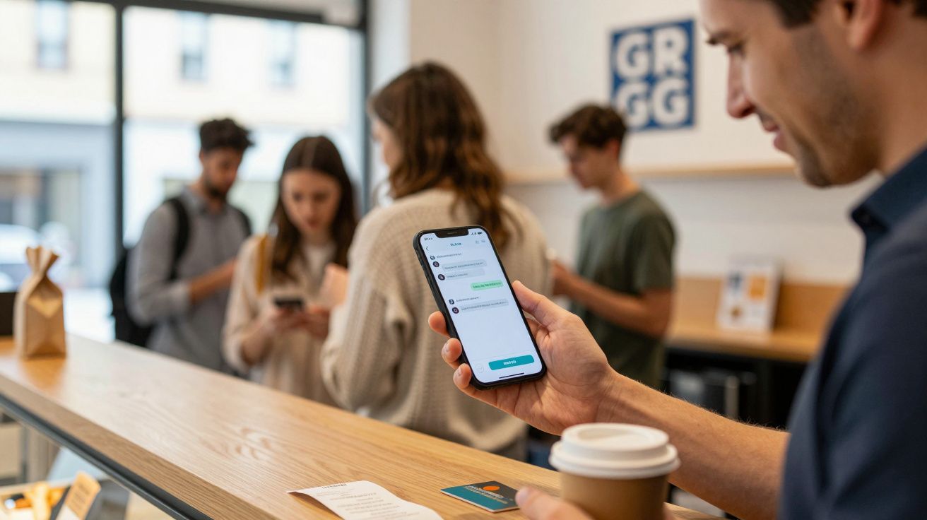 Man holding coffee and checking messages on phone in a café, with people in the background socialising.