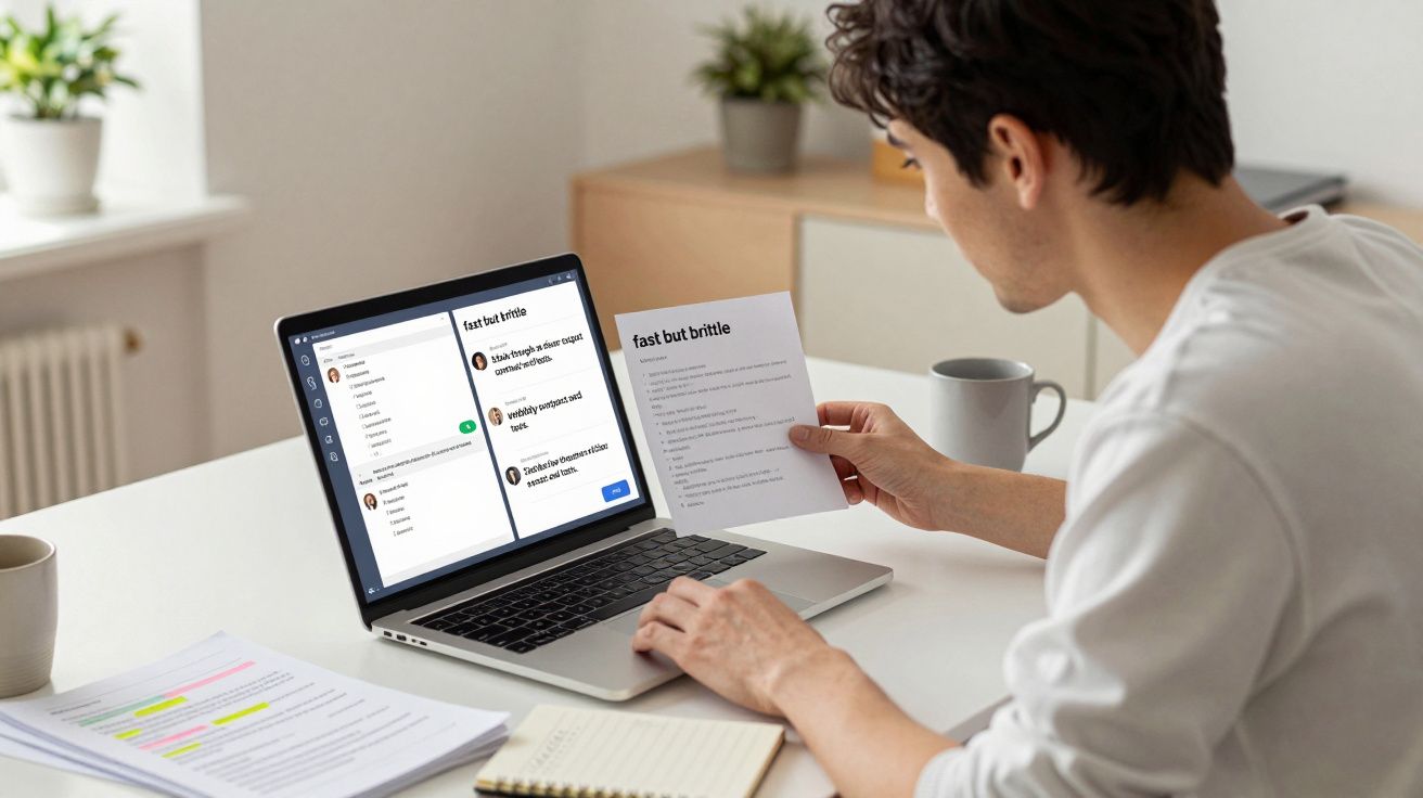 Man reviews document at desk, using laptop displaying chat interface. Cup, notebook, and papers on table.