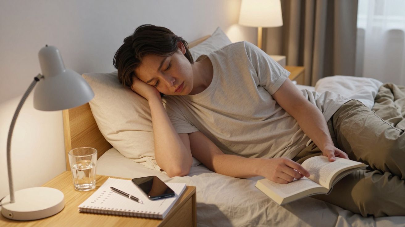 Young person in bed, dozing off while reading a book, with a notebook, phone, and glass on the bedside table.