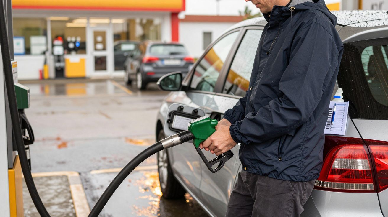 Man refuelling silver car with petrol at a station, holding green pump nozzle, wearing a dark jacket.