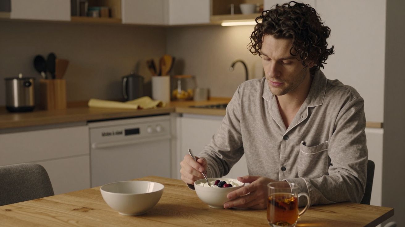 Man in pyjamas eating cereal with berries at a kitchen table, tea nearby.
