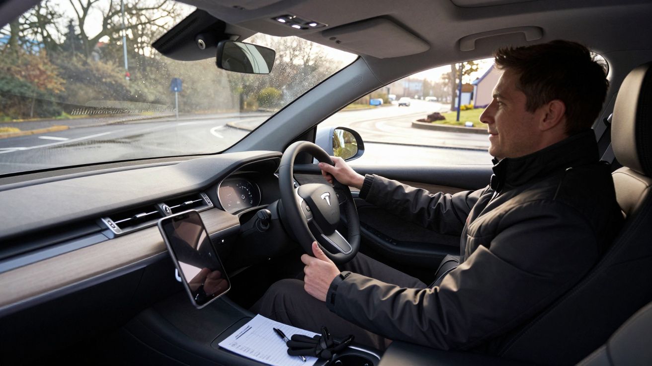Man driving a car with an electronic dashboard on a sunny day.