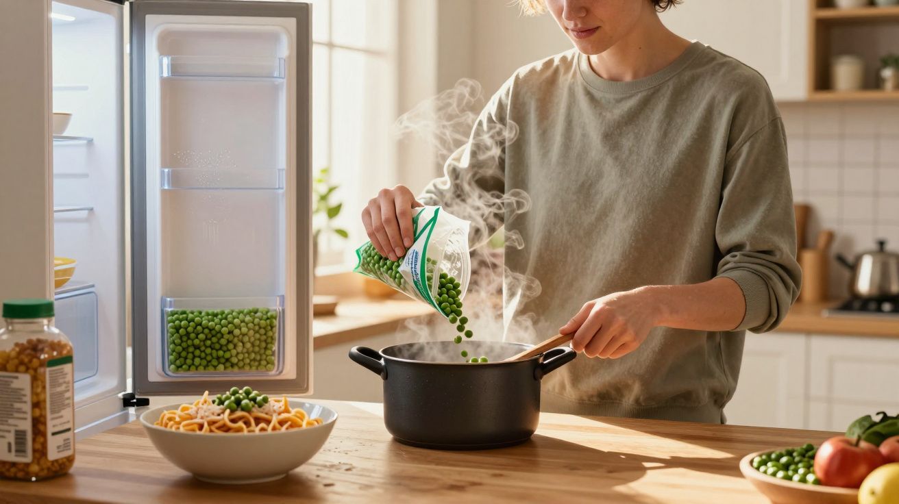 Person adds peas to steaming pot in kitchen, with open freezer and pasta on counter.