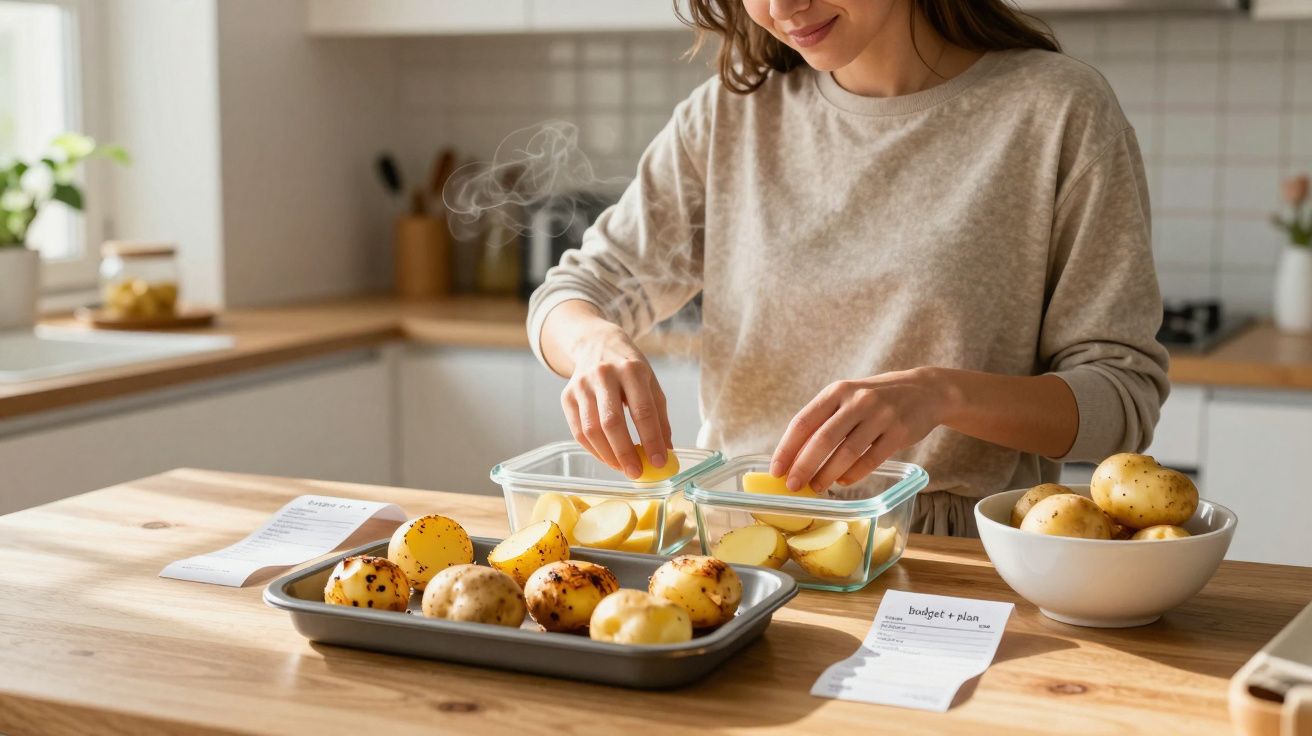 Woman in kitchen preparing meals with potatoes in glass containers on a wooden counter.