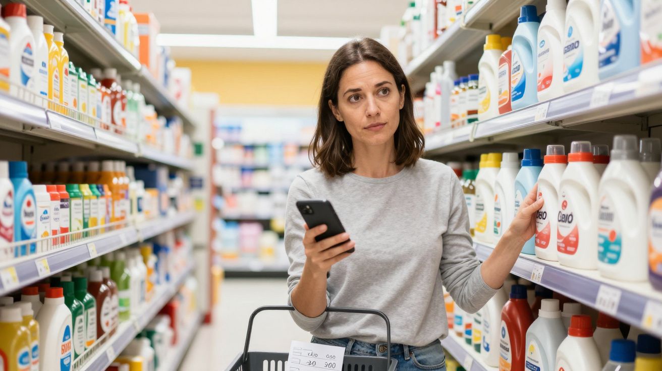 Woman shopping for cleaning products, holding a phone and basket in a supermarket aisle.