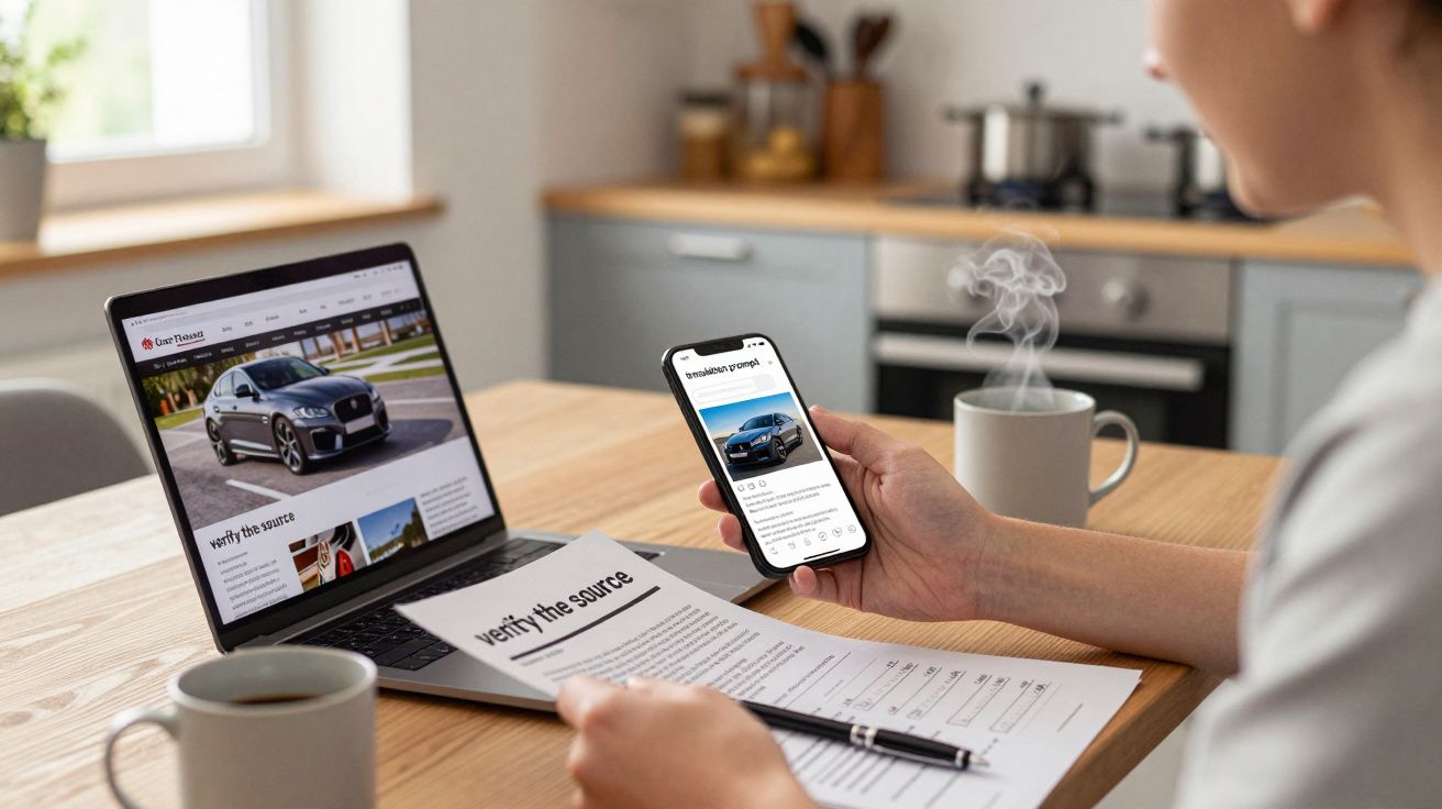 Person browsing car website on laptop and smartphone in kitchen with papers and coffee.