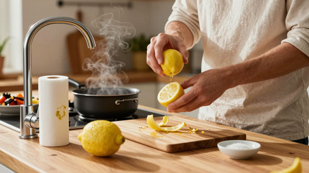 Person squeezing a lemon over a steaming pot beside a sink on a wooden kitchen counter with a paper towel roll.