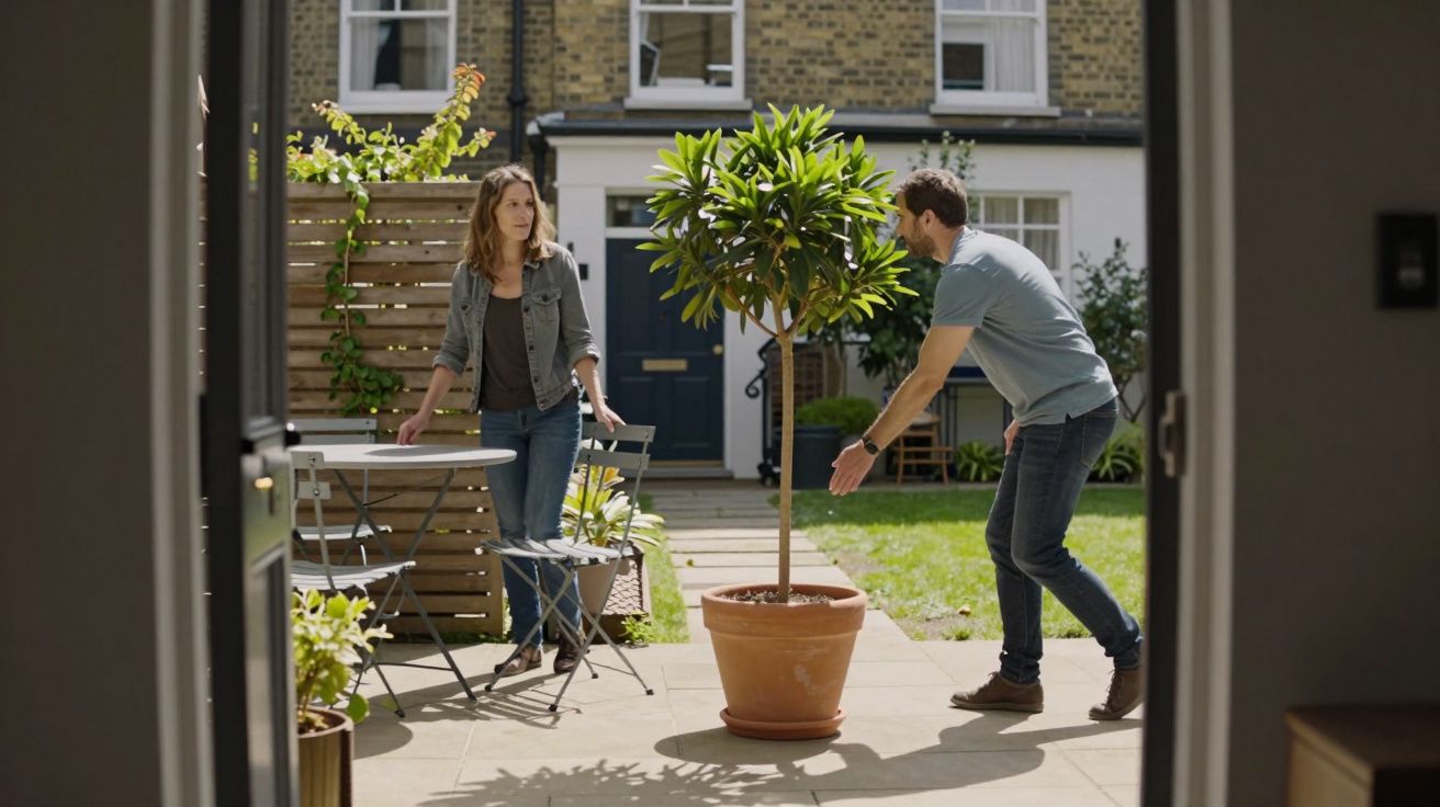 Couple in garden with tall potted plant; woman stands near table, man adjusts tree, brick house in background.