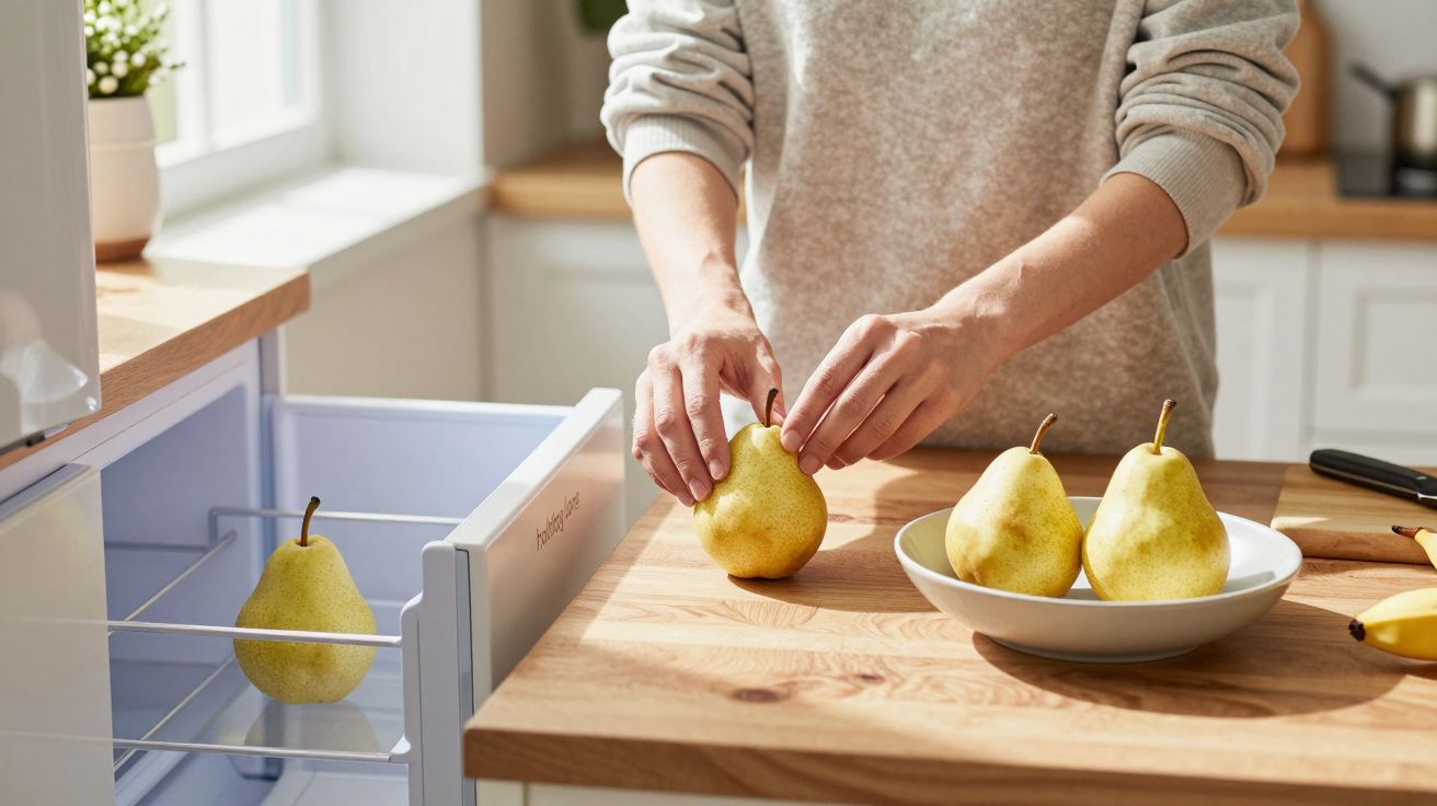 Person arranging yellow pears on a wooden counter beside an open fridge drawer in a sunlit kitchen.
