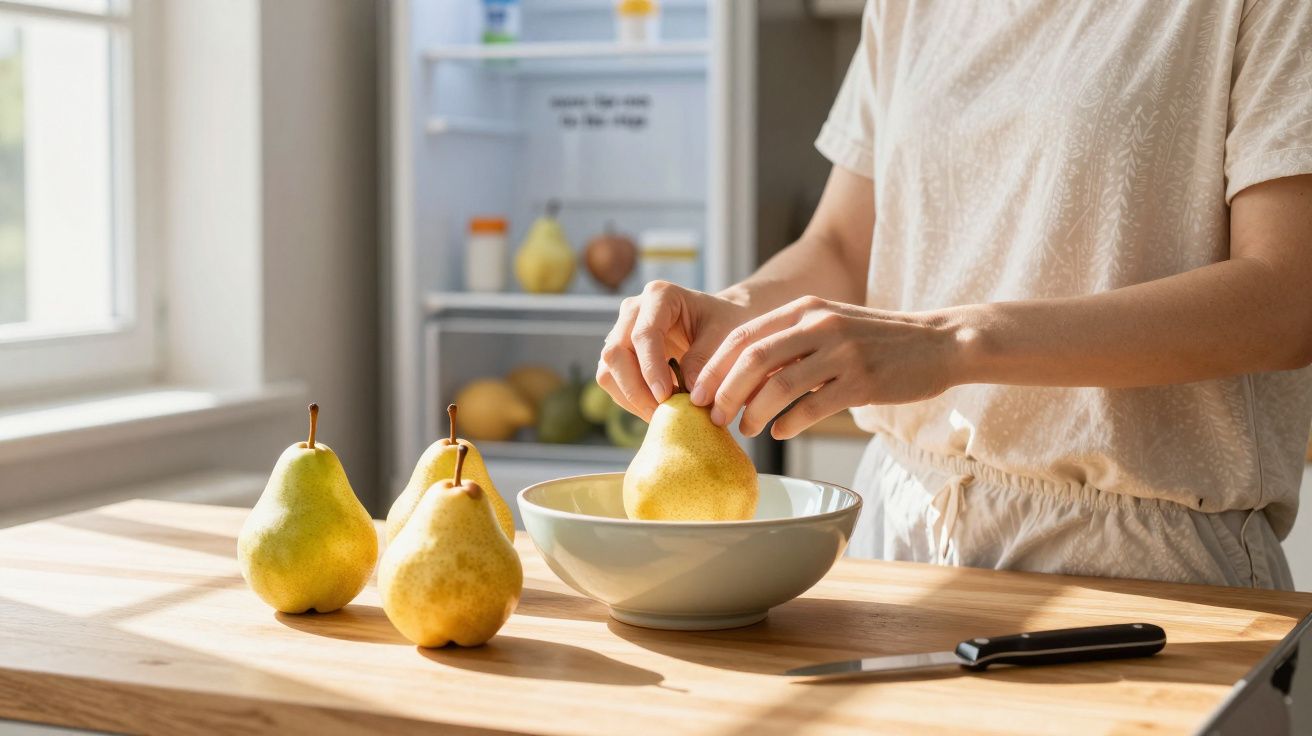 Person placing pears in a bowl on a kitchen counter, with pears and an open fridge in the background.