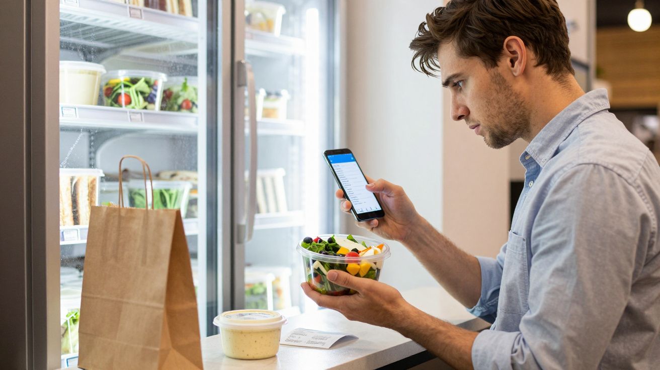 Man using smartphone to pay for a salad near a refrigerated food display.