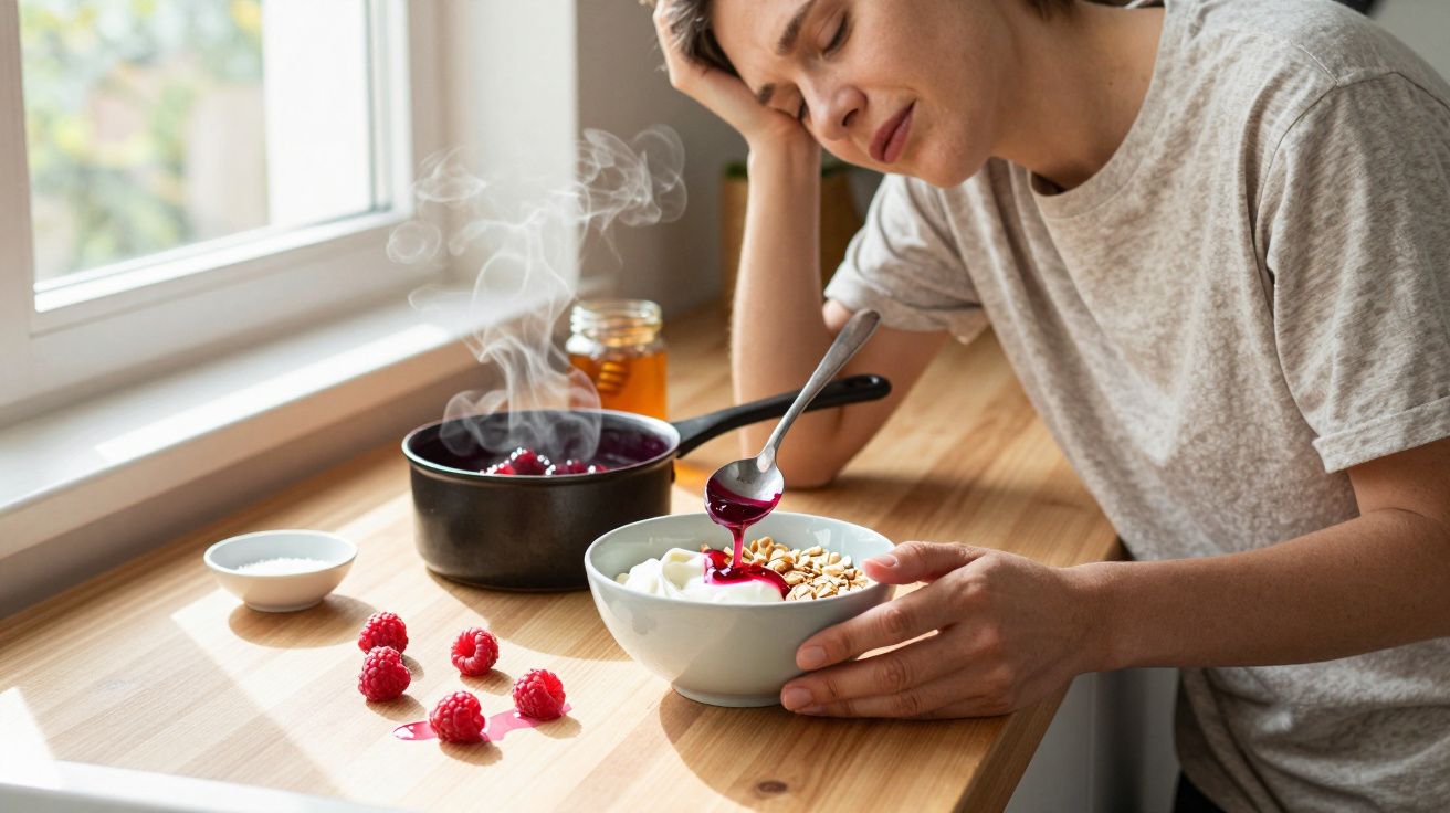 Person adding hot raspberry sauce to a bowl of cereal by a window, with fresh raspberries and honey on the table.