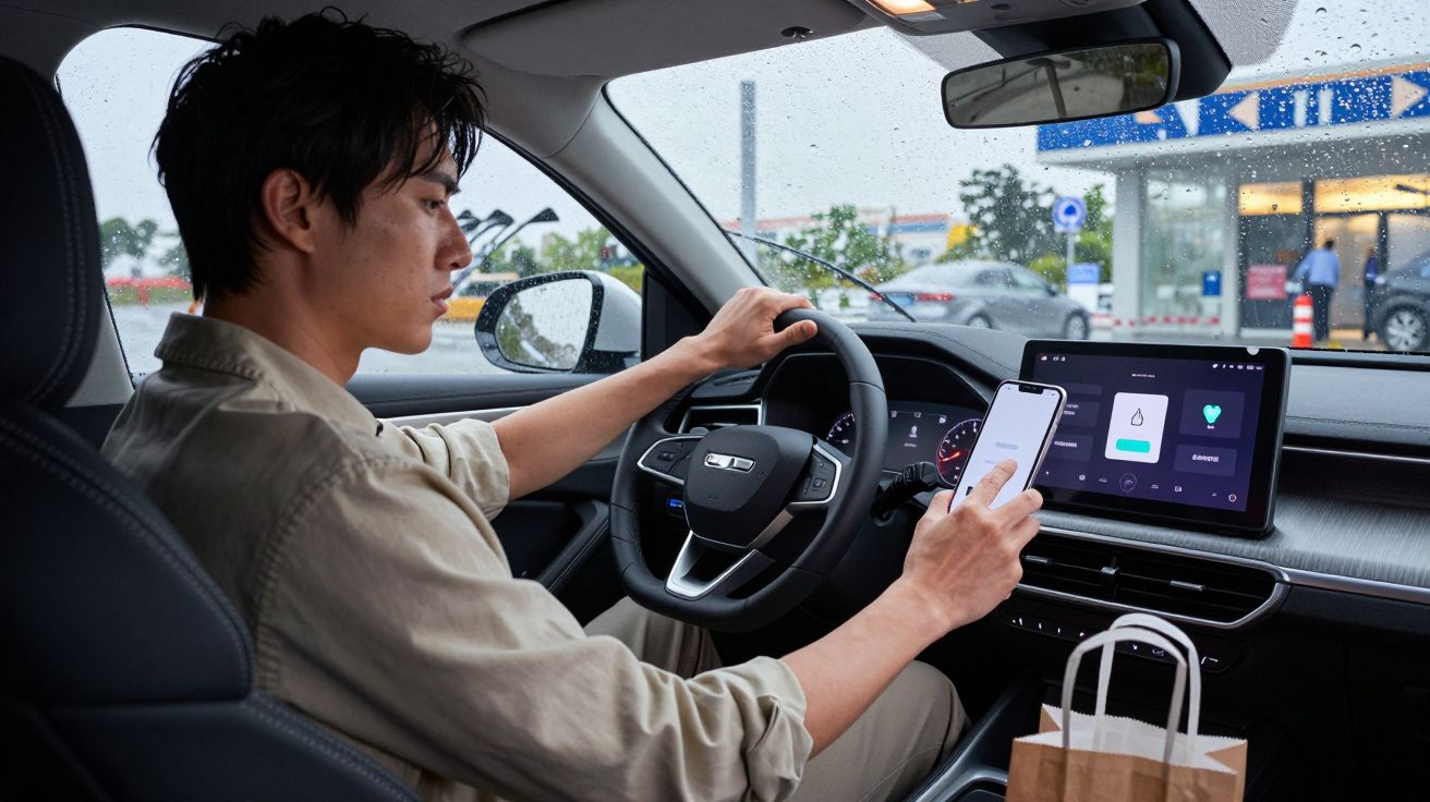 Man in car checking smartphone with a navigation screen, parked on rainy day, paper bag on the passenger seat.