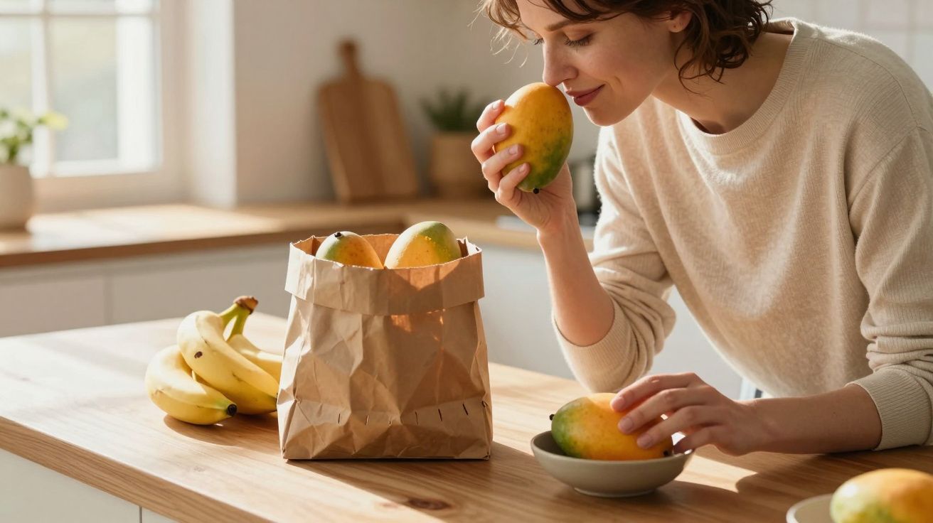 Woman smelling a mango near a paper bag of fruit in a bright kitchen.