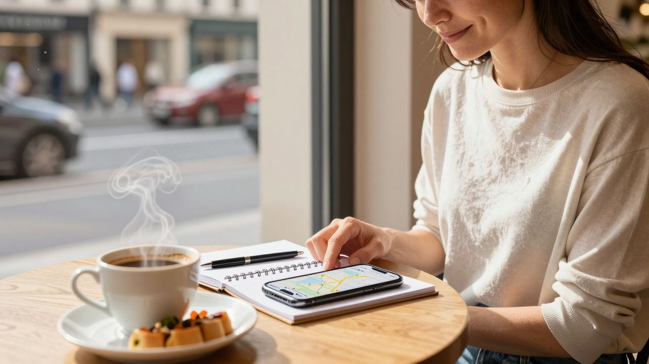 Woman using smartphone map app in café with coffee and snacks on wooden table by window.