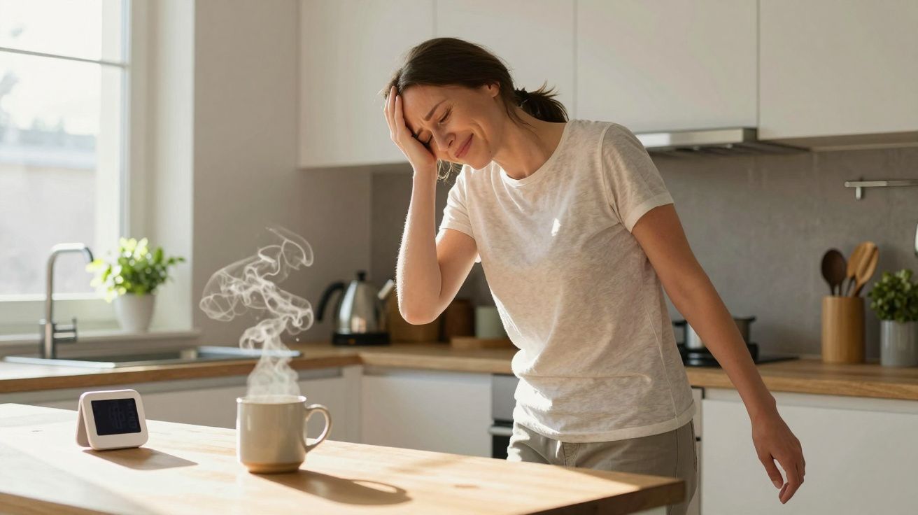 Woman in a kitchen holds her head in pain next to a steaming mug on the counter.