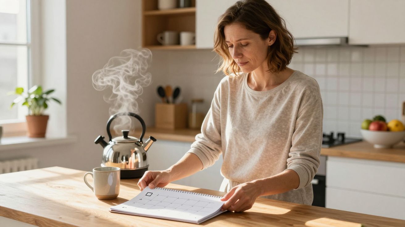 Woman checks calendar at kitchen table with steaming kettle and mug nearby.