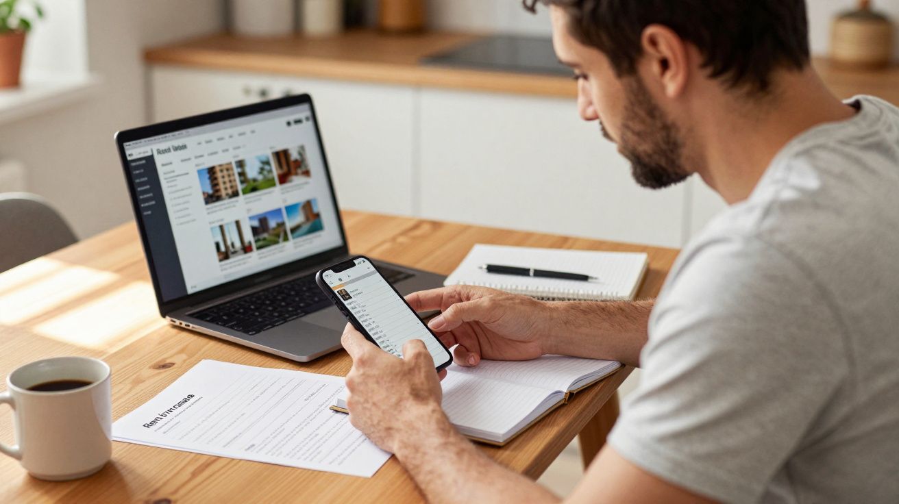 Man at table looking at phone with real estate listings on laptop.