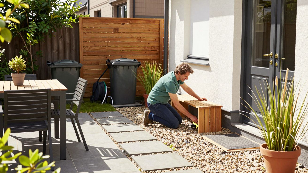 Man assembling wooden bench in a garden with patio table and potted plants.