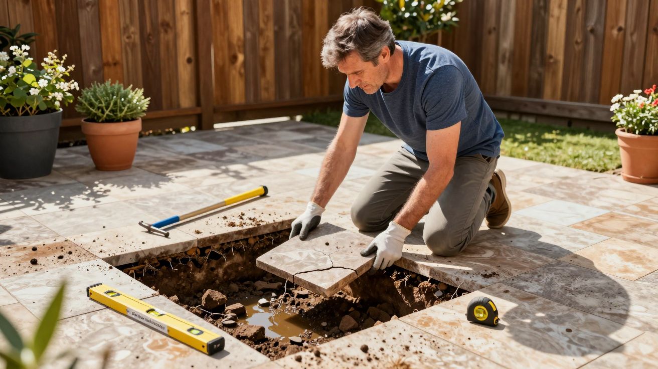 Man repairing patio tiles in a garden, using tools like a spirit level and tape measure on a sunny day.