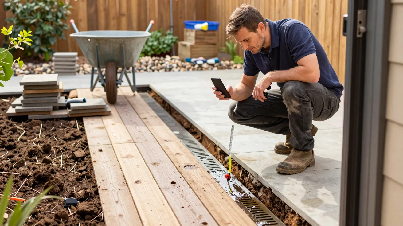 Man kneeling in garden using phone to measure drainage with tape, wheelbarrow and stacked slabs in background.