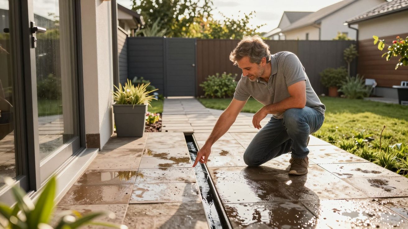 Man kneeling on wet patio pointing at drainage channel, with garden and potted plants in the background.