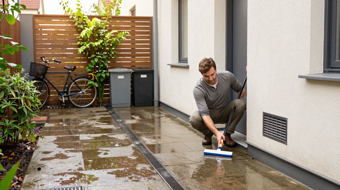 Man cleaning wet patio slabs with a squeegee, near a bicycle and bins, beside a modern house.