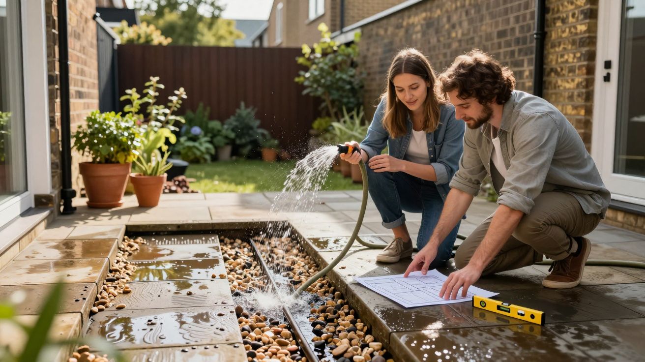 Two people test a garden drainage system, using a hose and checking plans, surrounded by plants and paving.