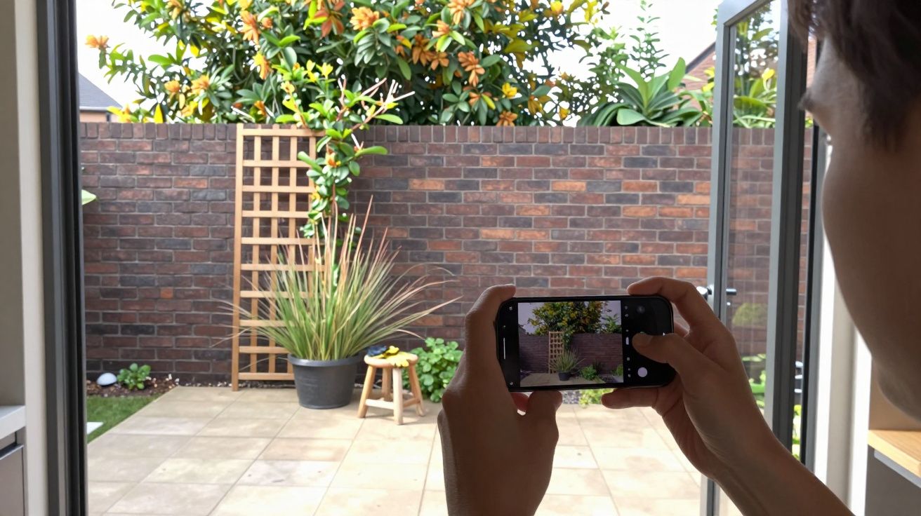 Person photographing a walled garden with a mobile phone, featuring lush plants and a small wooden stool.