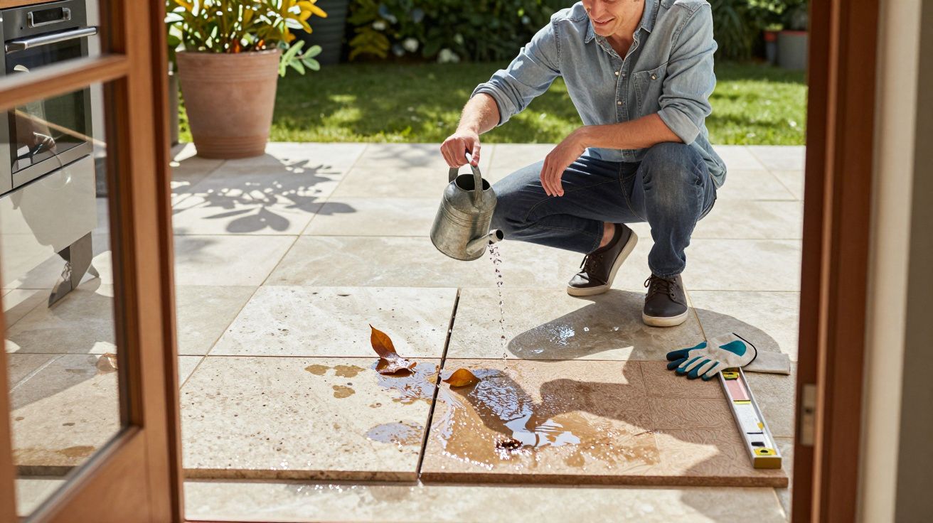 Man pouring water on patio tiles, level and gloves nearby, in a sunlit garden area.