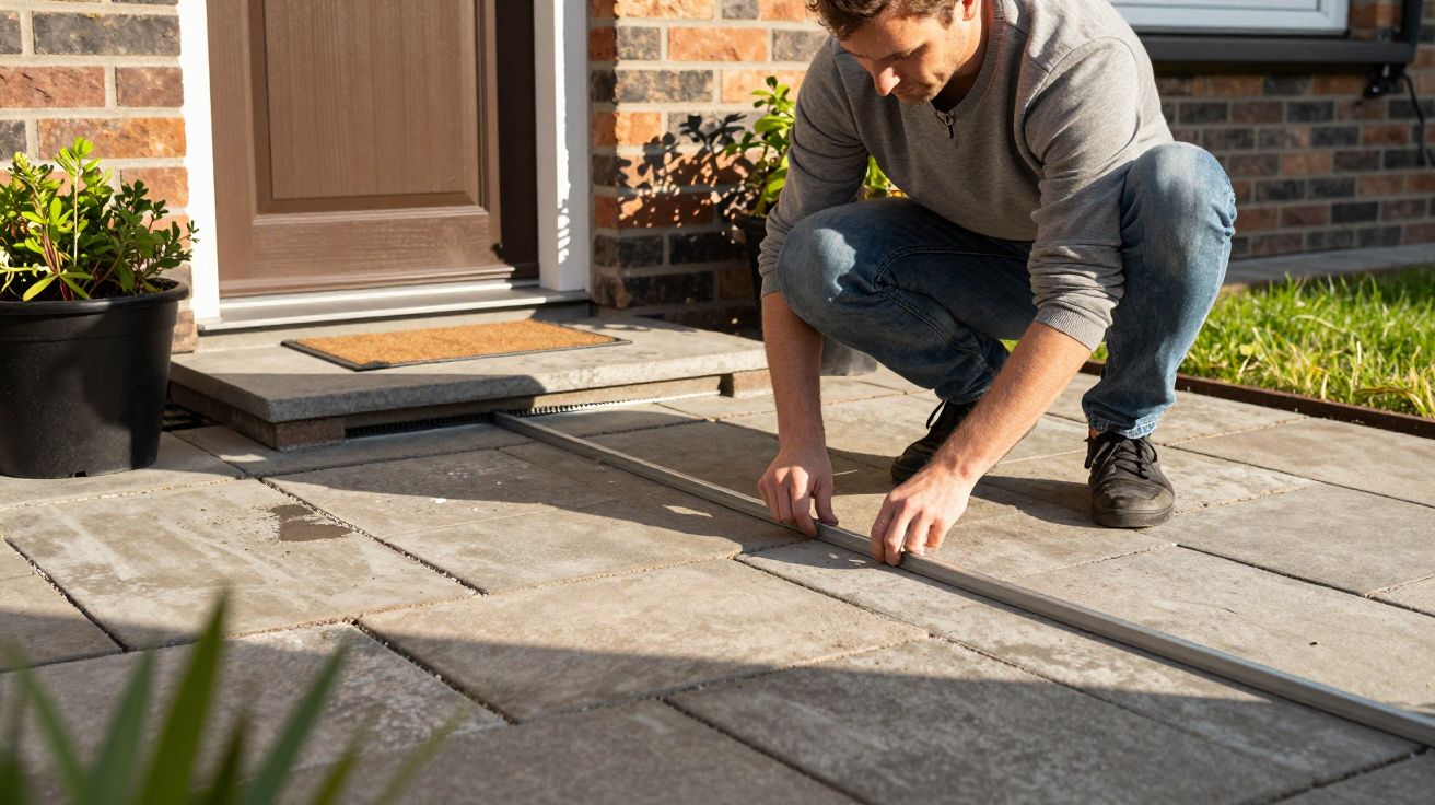 Man measuring paving slabs with a metal ruler in front of a house entrance.