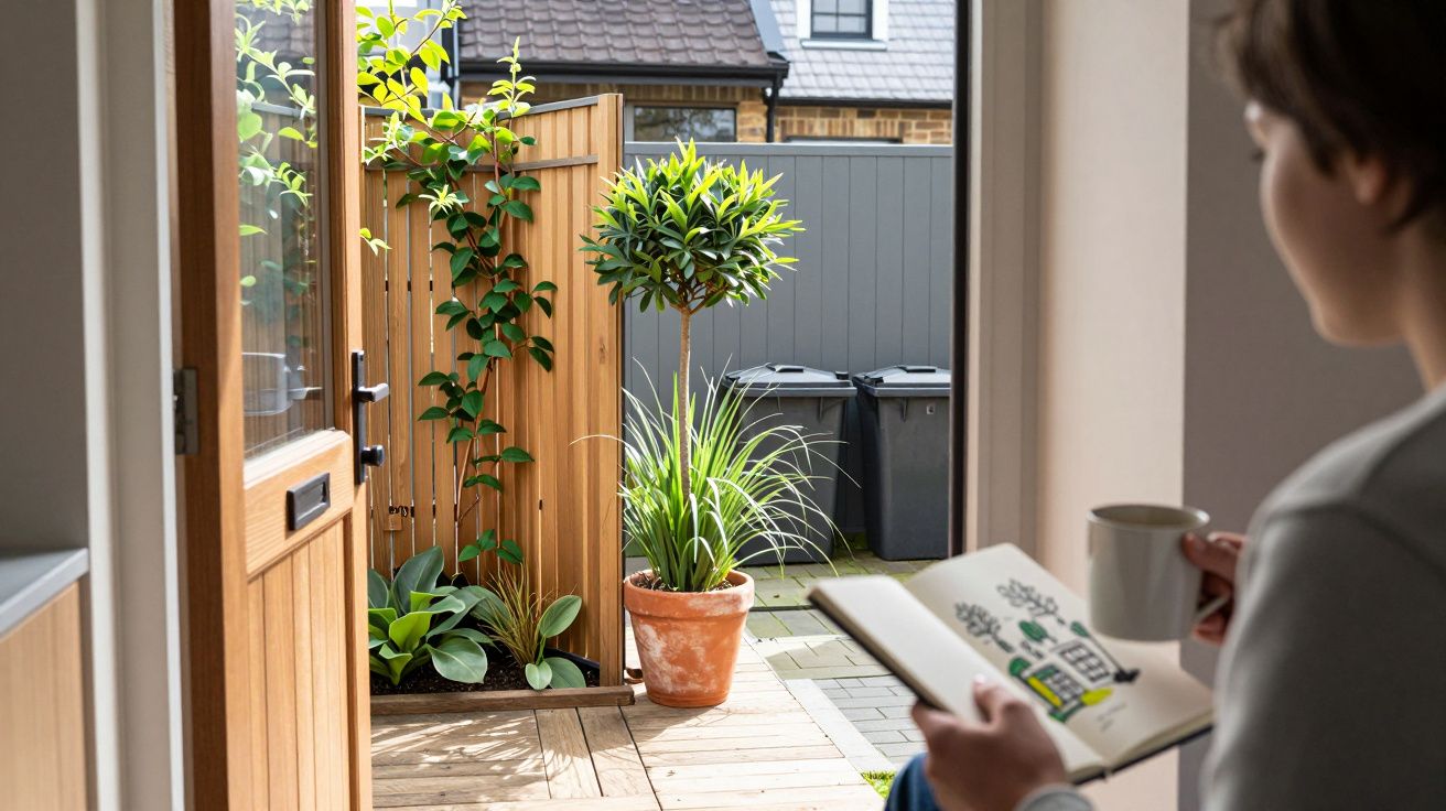 Person holding a booklet and mug, looking out to a plant-filled patio through an open wooden door.