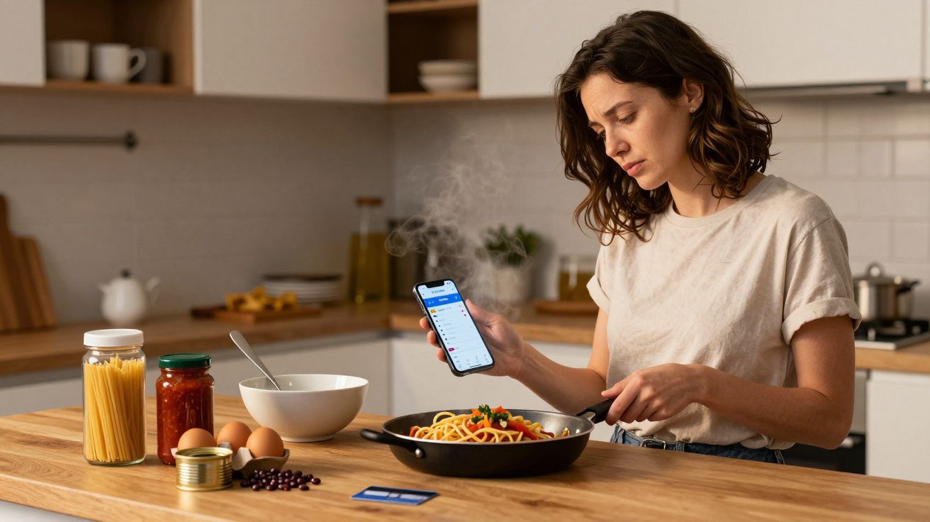 Woman cooking spaghetti while using smartphone in modern kitchen.