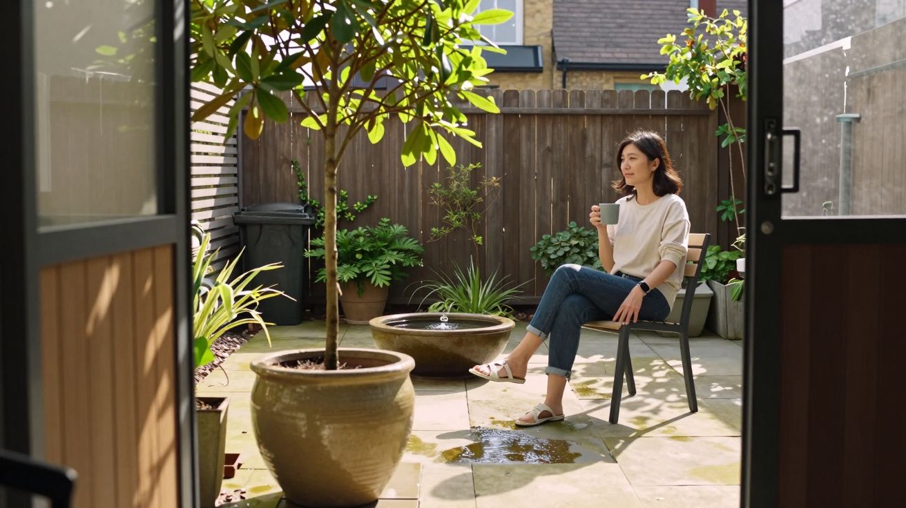 Woman sitting in a garden patio, holding a mug, surrounded by potted plants on a sunny day.