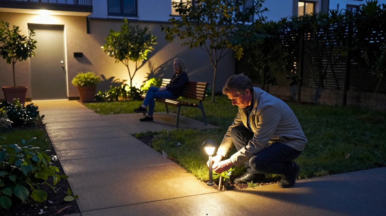 Man adjusting garden light in evening near woman on bench, with lit plants in background.