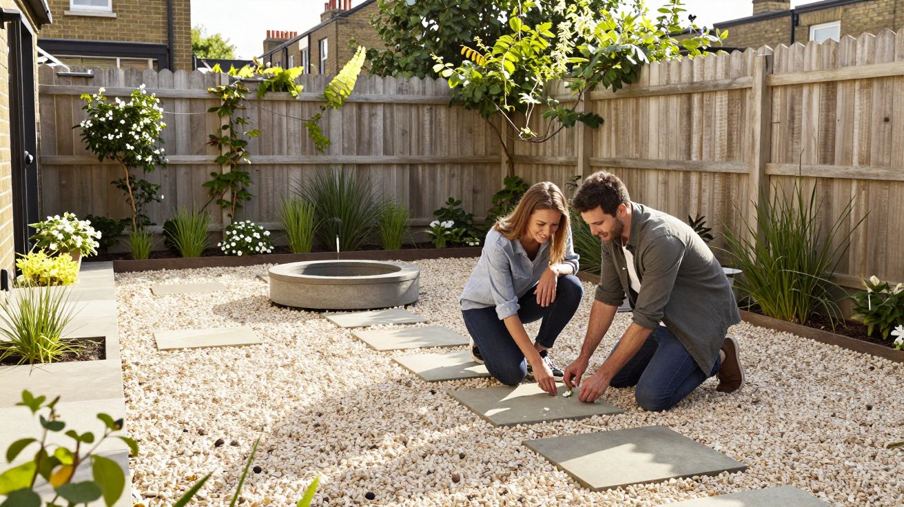 Couple arranging stepping stones in a gravel garden with surrounding plants and a wooden fence.