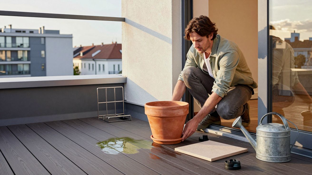 Man setting a terracotta pot on a modern balcony, with watering can and spilled water nearby, cityscape in background.
