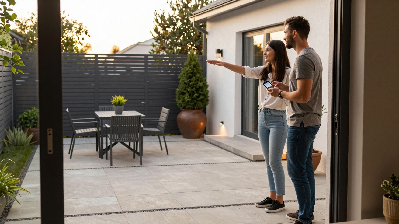 A couple standing outside a modern home, woman pointing, a smartphone in hand, on a tiled patio with outdoor furniture.