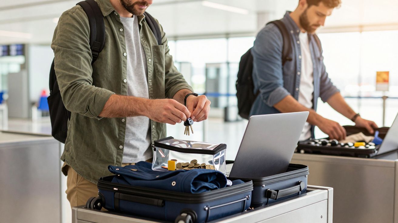 Two men at airport security, placing items into trays. One man holds keys, the other packs a laptop.