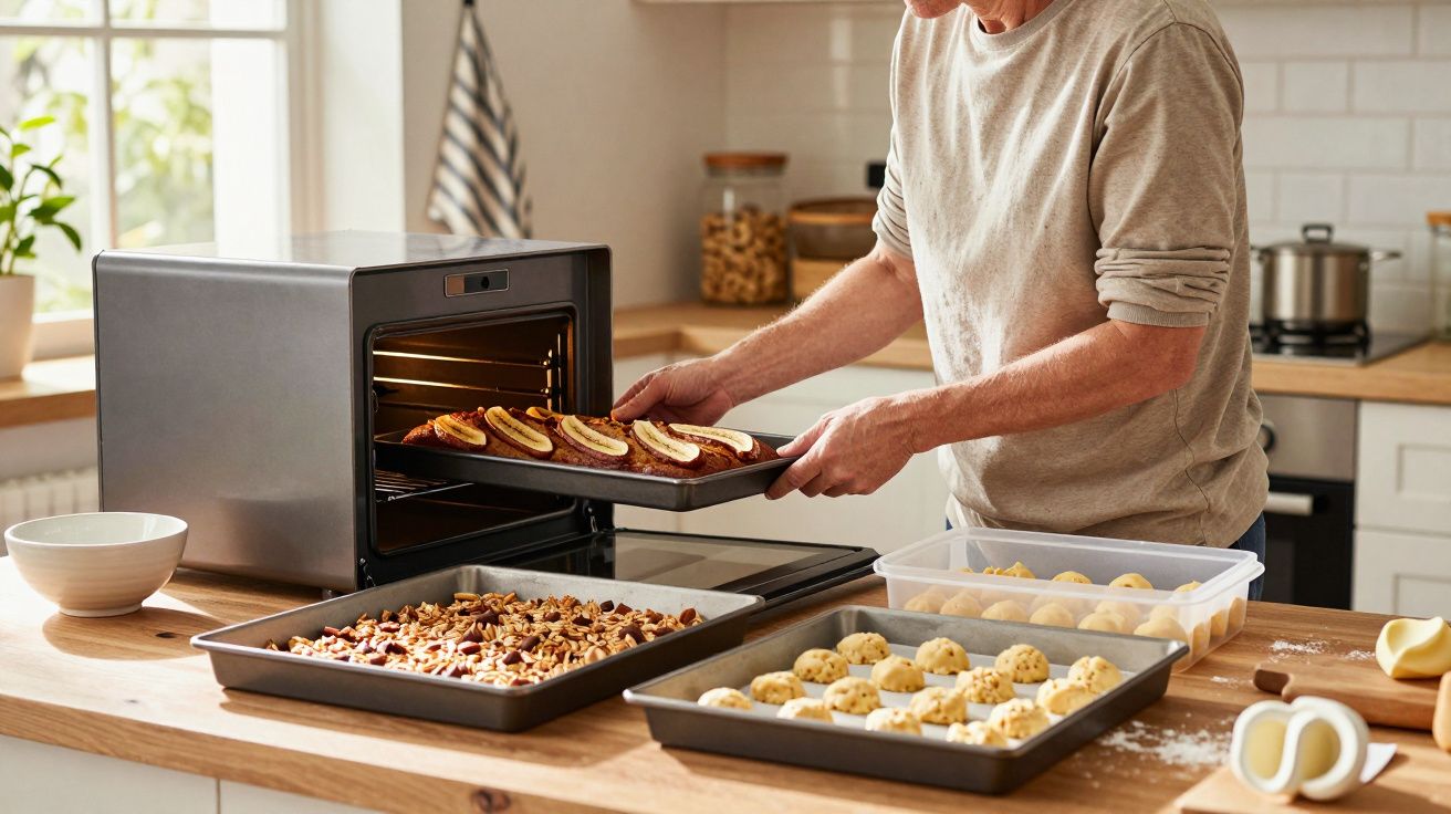 Person placing a tray of pastries into an oven, surrounded by baking trays and ingredients on a wooden kitchen counter.